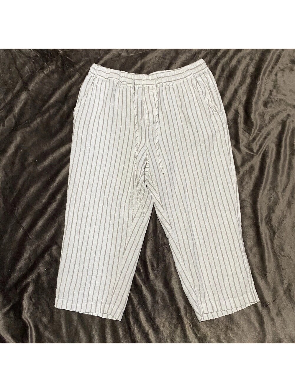 For Cynthia Large PL White Gray Stripe Linen Cotton Elastic Waist Pants Cropped